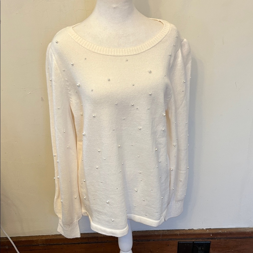 Dennis By Dennis Basso Cream Sweater with Pearl Embellishments Size M EUC
